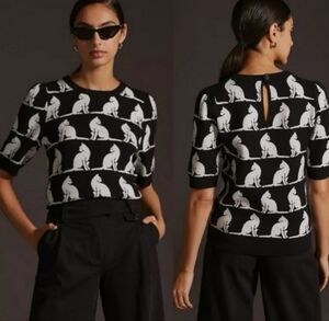 ANTHROPOLOGIE MAEVE HARMON JACQUARD Black White Cat Sweater Short Sleeve
